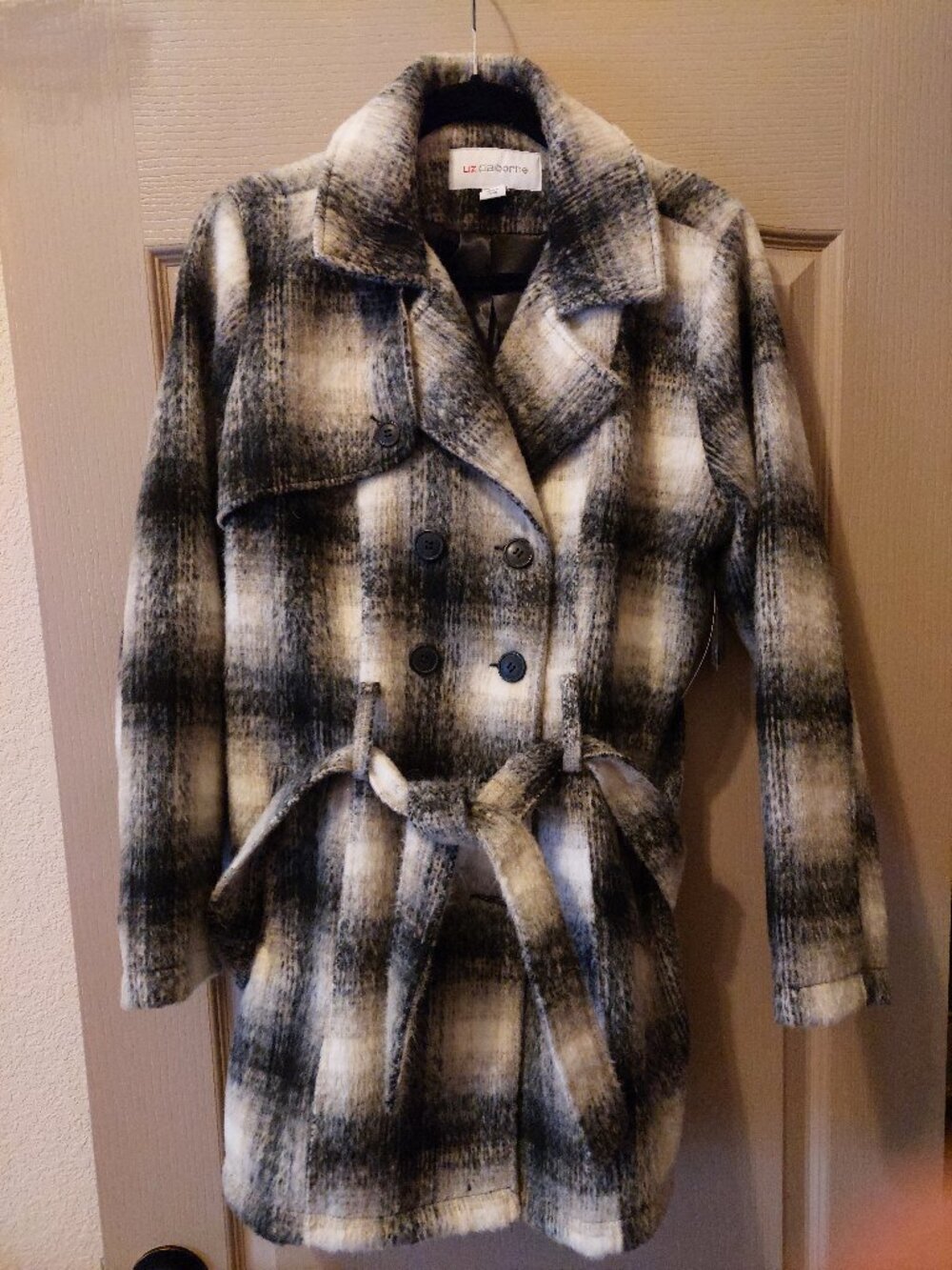 Liz Claiborne Black & White Plaid Double-Breasted Pea Coat
